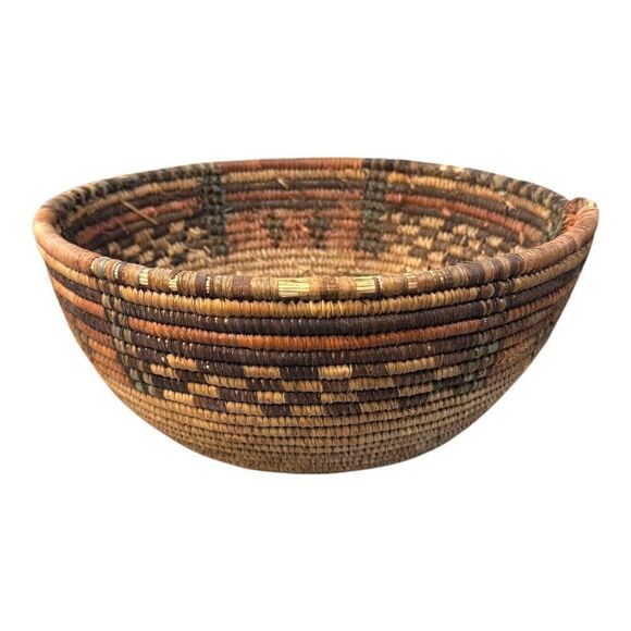 Vintage Native African Geometric Pattern Woven Deep Round Basket Bowl 12"x5"